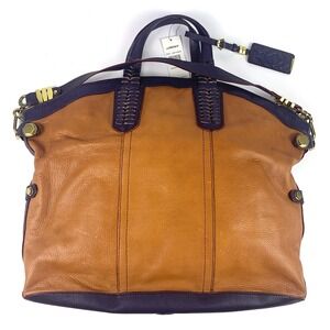 OrYani Navy Cognac Convertible Oversized Tote Bag Satchel Color Block Charm Gold